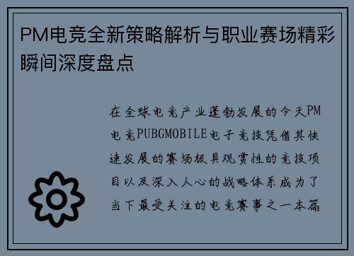 PM电竞全新策略解析与职业赛场精彩瞬间深度盘点